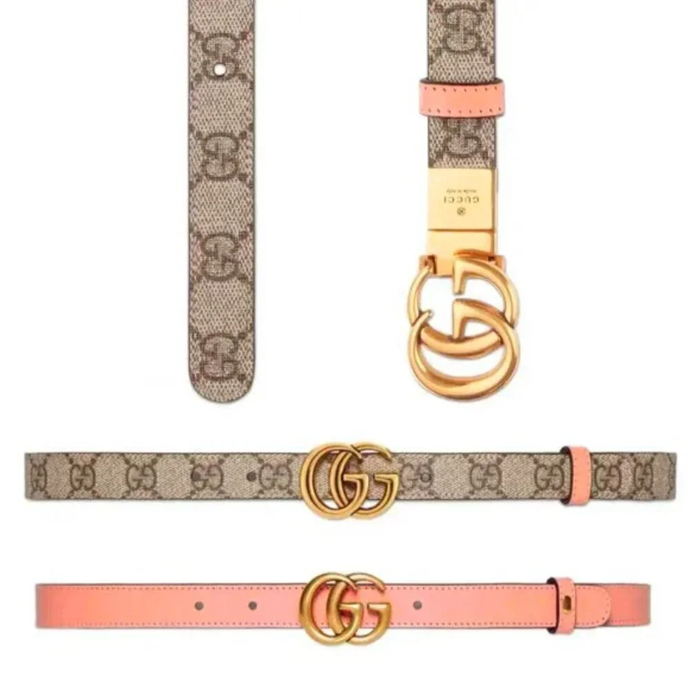 NEW GUCCI GG Supreme Canvas Peach Leather Marmont Reversible Belt Size 90 / 36